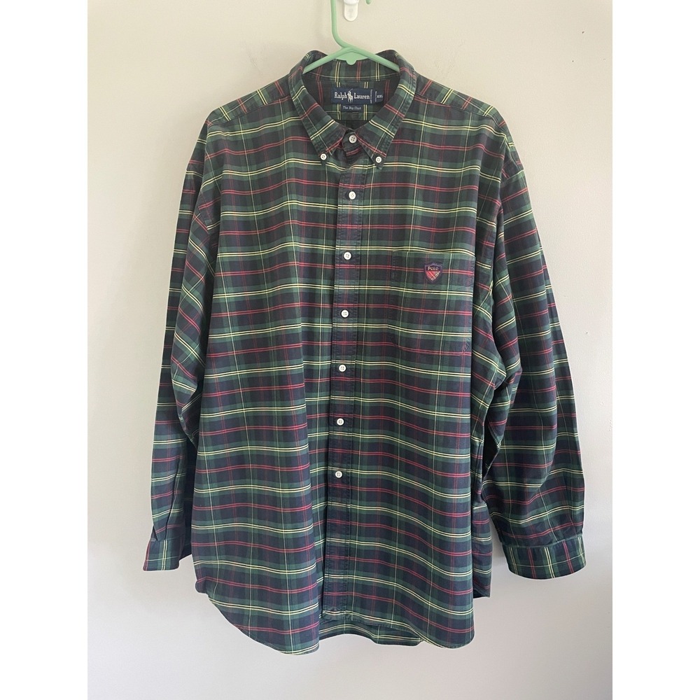 Vintage Ralph Lauren XXL Mens Green Plaid Button Down Long Sleeve Crest